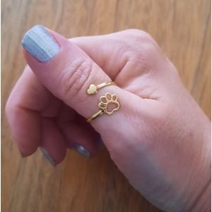 Anel Aberto Coração e Patinha Dourado - Flor de Prata