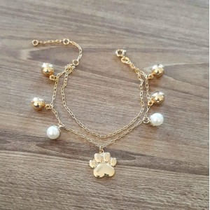 Pulseira patinha grande polida pérolas e bolinhas - Flor de Prata