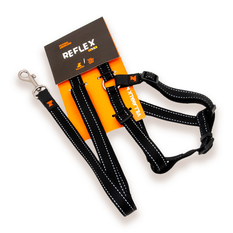 Peitoral com Guia Americano Reflex Villawalk (Preto) -  Villa Pet