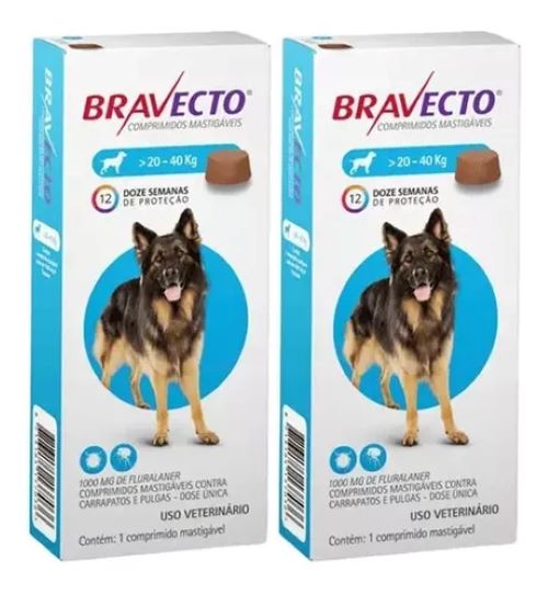 KIT 2 Anti Pulgas e Carrapatos Bravecto para Cães de 20 a 40 kg - 1000 mg