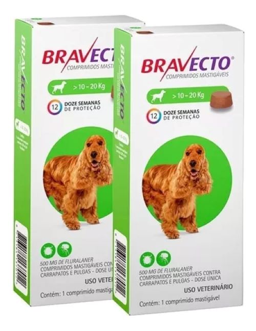 KIT 2 Anti Pulgas e Carrapatos Bravecto para Cães de 10 a 20 kg - 500 mg